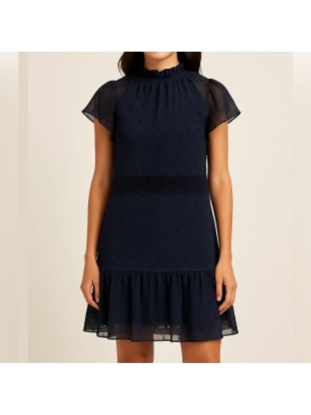 See by Chloe High ruffle neck black chiffon polka dot flutter sleeve dress 2